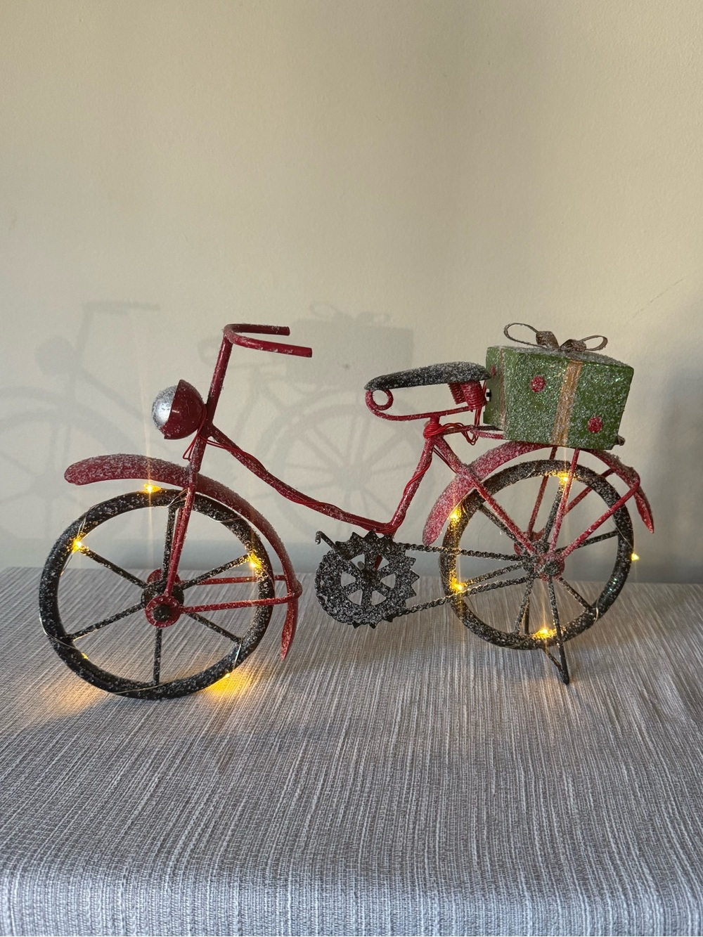 Holiday Red Bicycle Table Decor with Green Gift Box with Lights